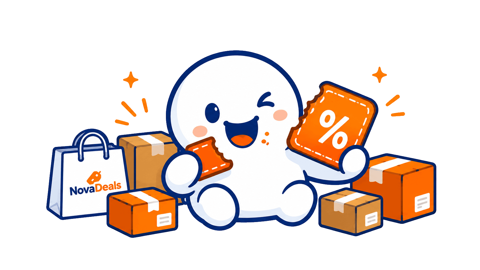 The NovaDeals mascot surrounded by delivery boxes and a NovaDeals shopping bag